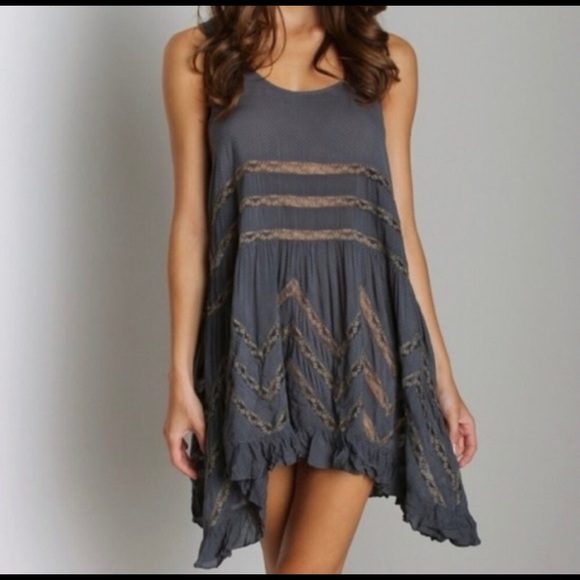 Free People Voile & Lace Trapeze Grey with Black Polka Dot Lace slip/dress - Picture 2 of 5